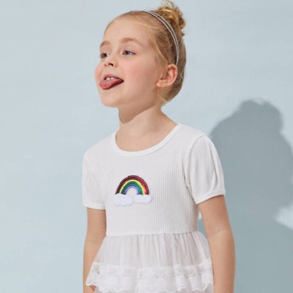 White Sequins Rainbow Ruffle Sparkle A Line Dress New - Picture 3 of 15